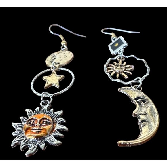 Celestial Sun Moon Stars Earrings Dangle Tarot Halloween Eclectic Mismatched - Picture 2 of 12